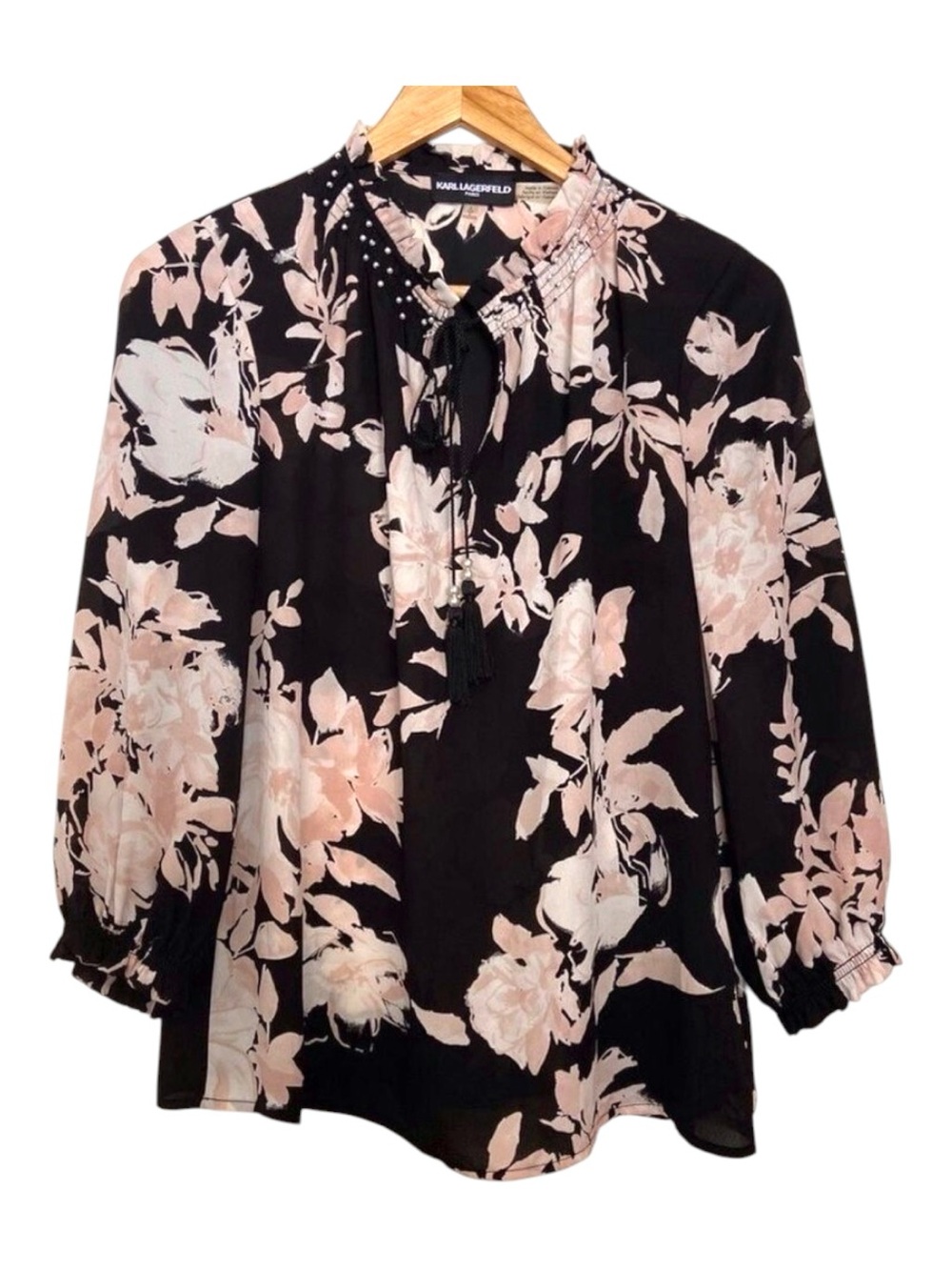 KARL Lagerfeld floral crepe blouse black pink ecru white pearls embellishments